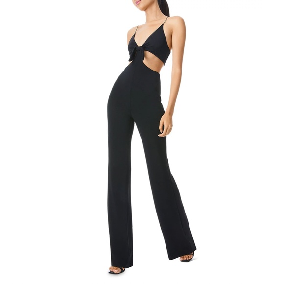 Alice + Olivia Havana Tie Front Cut-Out Wide Leg Jumpsuit One Piece Size 4 Black - Picture 2 of 14